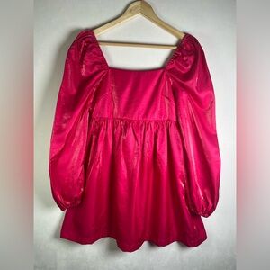 Lalavon Women’s Hot Pink Puff Sleeve Shiny Fairy Babydoll Mini Dress Size Small